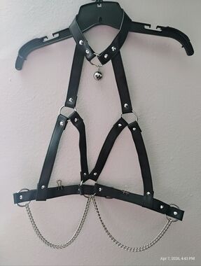 Black Faux Leather Harness with Silver Chains and Bell
